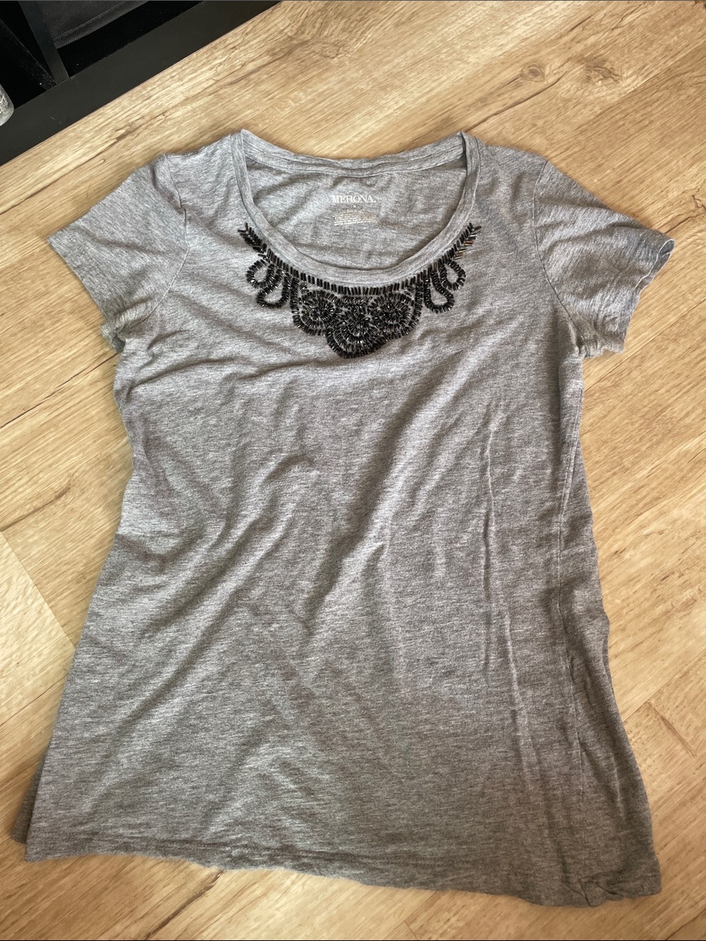 Merona Gray Short-Sleeve Tee with Black Beaded Neckline Accent